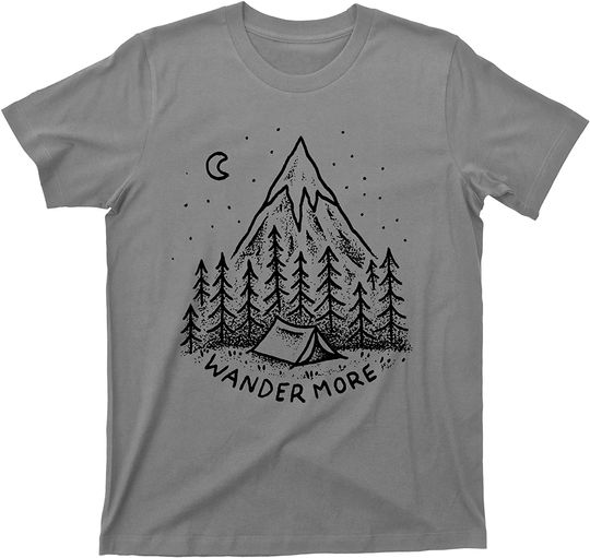 Discover Wander More Tent Camping Under Moon & Stars Forest Snow Capped Mountains Nature T-Shirt
