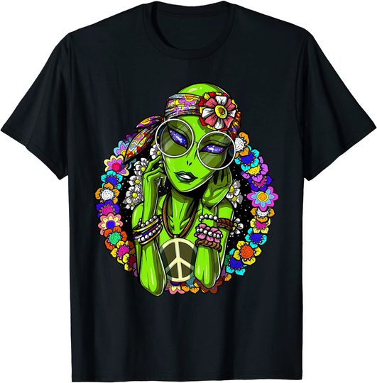 Discover Space Alien Hippie Funny Floral Peace Science Fiction Women T-Shirt