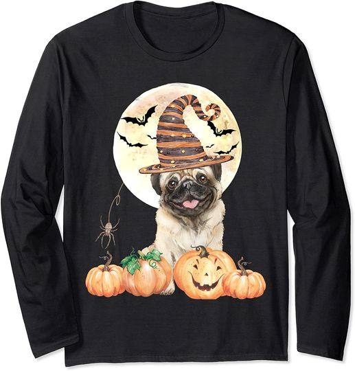 Discover Halloween Pug With Witch Hat Full Moon Bats Spider Dog Pug Long Sleeve