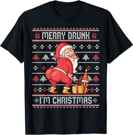 Discover Merry Drunk I'm Christmas Ugly Sweater Twerking Santa T-Shirt