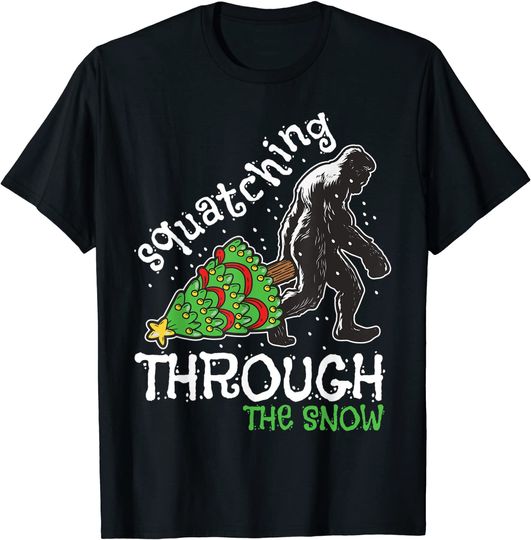 Discover Bigfoot Christmas Tree Squatching Through The Snow Funny T-Shirt