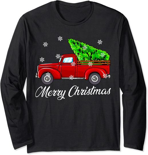 Discover Vintage Wagon Christmas Tree Red Truck Retro Farmer Vacation Long Sleeve