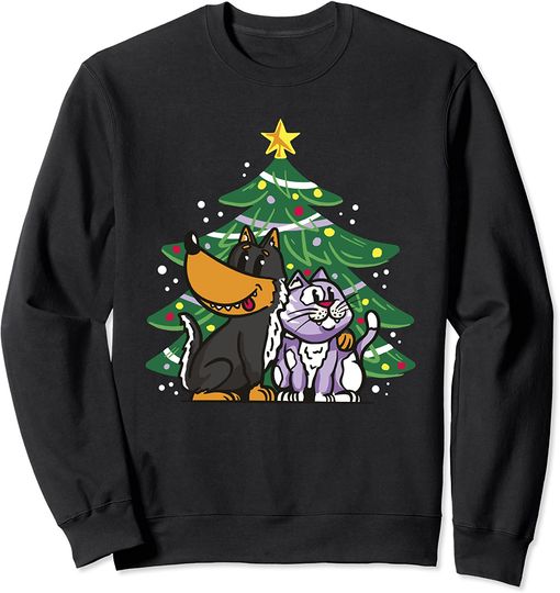 Discover Cat And Dog Under Christmas Tree Pet Holidays Sweatshirt