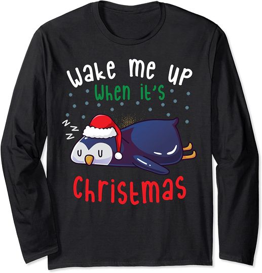 Discover Wake Me Up When It's Christmas Sleeping Penguin Nap Sleep Long Sleeve