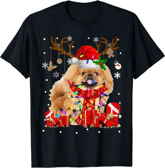 Discover Funny Pekingese Dog Reindeer Christmas Light Dog Lover Gift T-Shirt