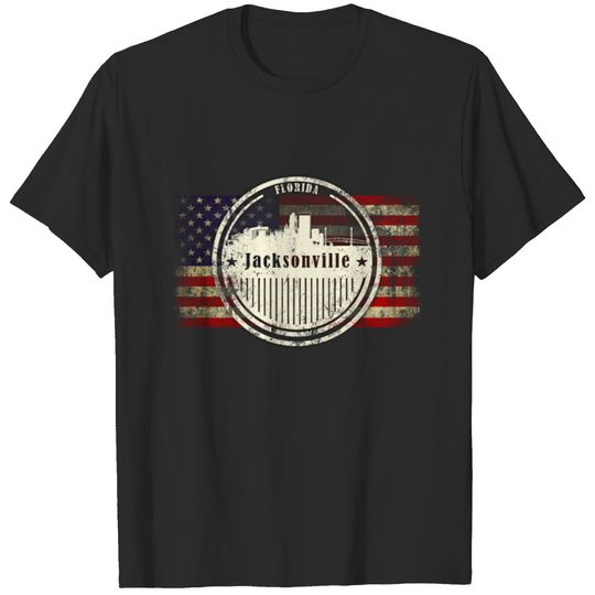 Jacksonville grunge skyline on USA flag T-shirt
