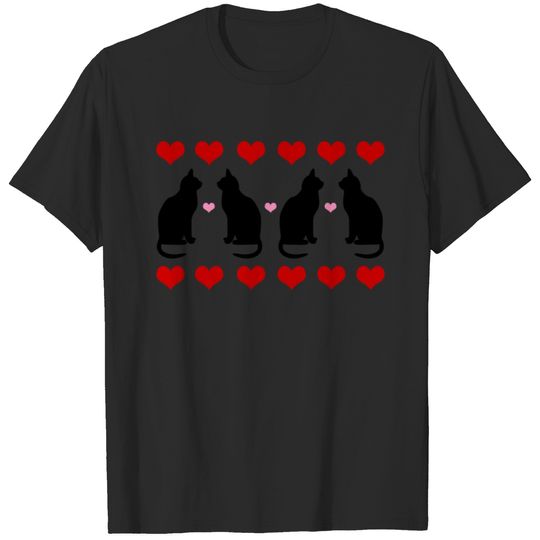 Black Cat Silhouettes and Hearts Women's V-Neck T- T-shirt