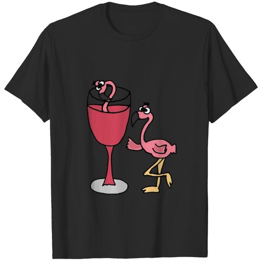 Cool Pink Flamingo Drinking Wine Cartoon T-shirt