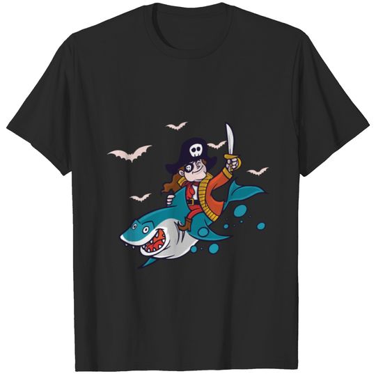 Funny Pirate Riding Shark Halloween T-shirt