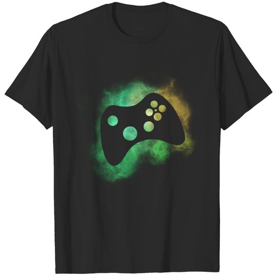 Gamepad controller in green smoke T-shirt
