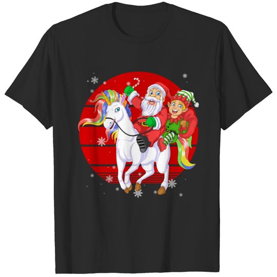 santa and elf riding unicorn T-shirt