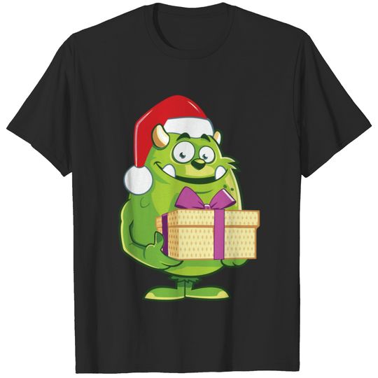 Santa Hat Green Cute Monster Box Noel Christmas T-shirt