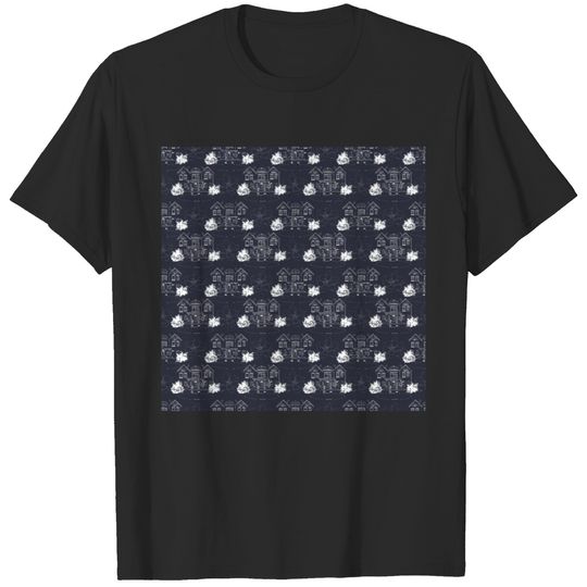 Navy Blue Houses Pattern T-shirt