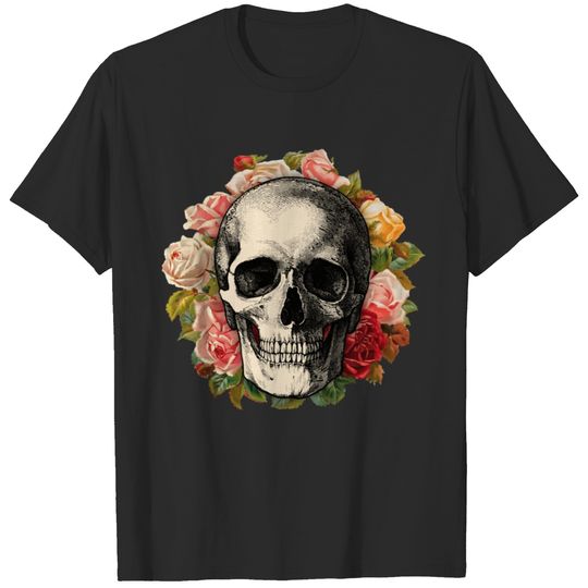 Human skull and retro rose. T-shirt