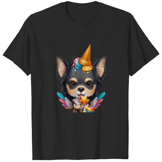 Tricolor Long Coat Chihuahua Ice Cream Unicorn T-shirt