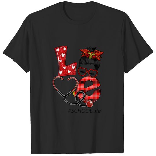 School Nurse Plaid Leopard Love Heart Messy Bun RN T-shirt