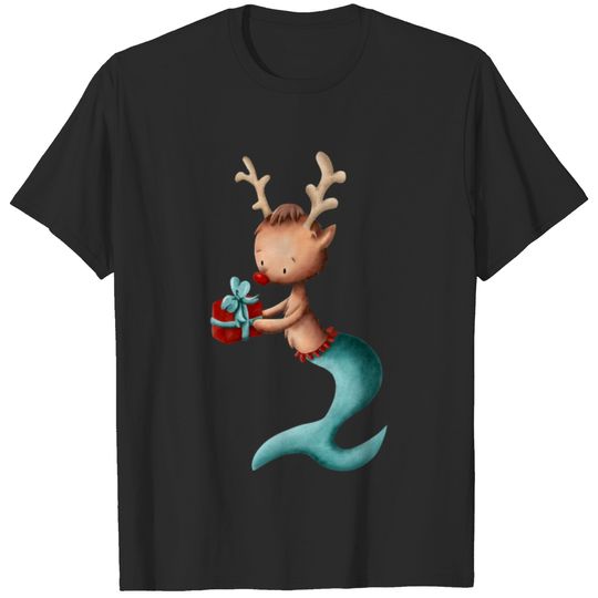 Whimsical Christmas Reindeer Mermaid with present T-shirt