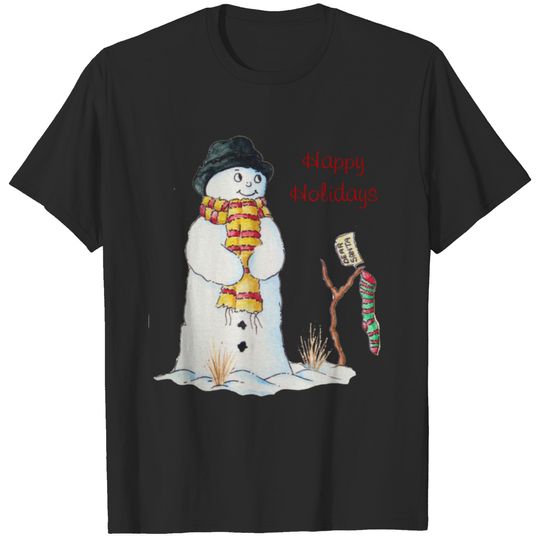 Cute snowman with Christmas stocking in the snow T-shirt