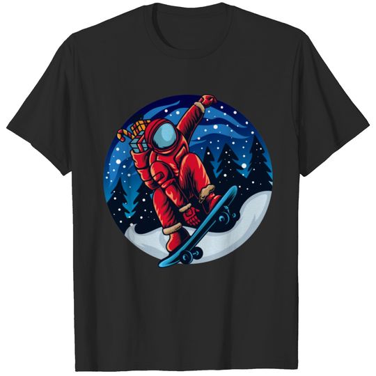 Astro Santa Skateboarding Under Snowfall T-shirt