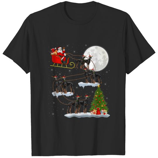 Xmas Lighting Tree Santa Riding Doberman Pinscher T-shirt