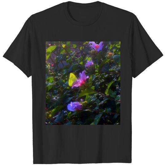 Yellow Butterfly on Pink Rose of Sharon T-shirt