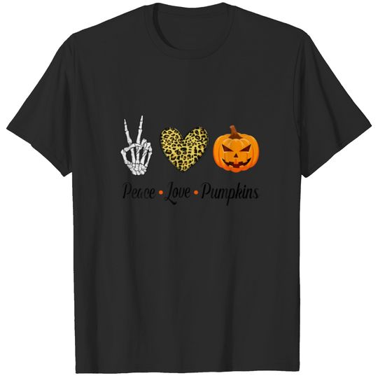 Peace Love Pumpkin Halloween Skeleton Hand Leopard T-shirt