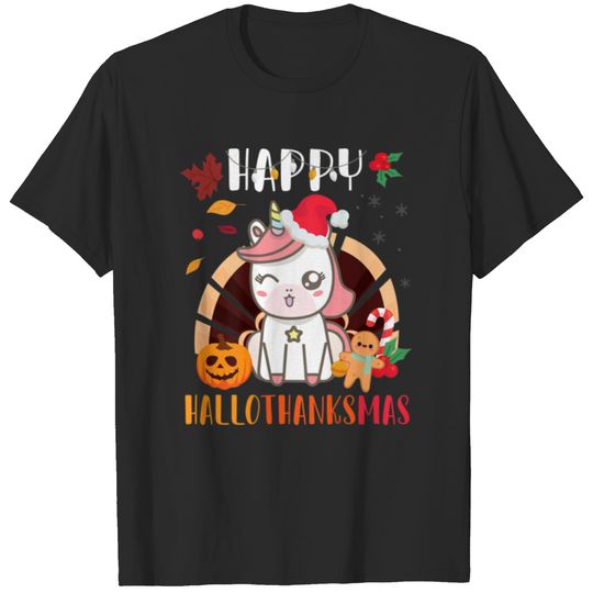 Unicorn Gingerbread Pumpkin Santa Claus Happy Hall T-shirt