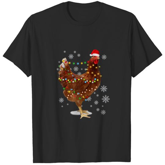 Funny Chicken Christmas Santa Hat Lights Merry Xma T-shirt