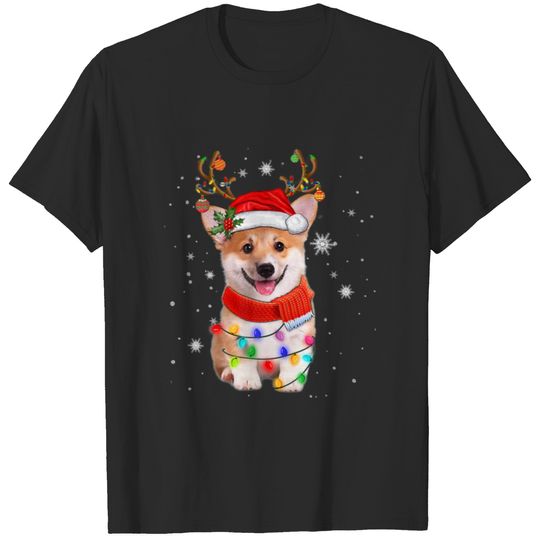 Corgi Dog Christmas Reindeer Santas Hat Xmas Light T-shirt