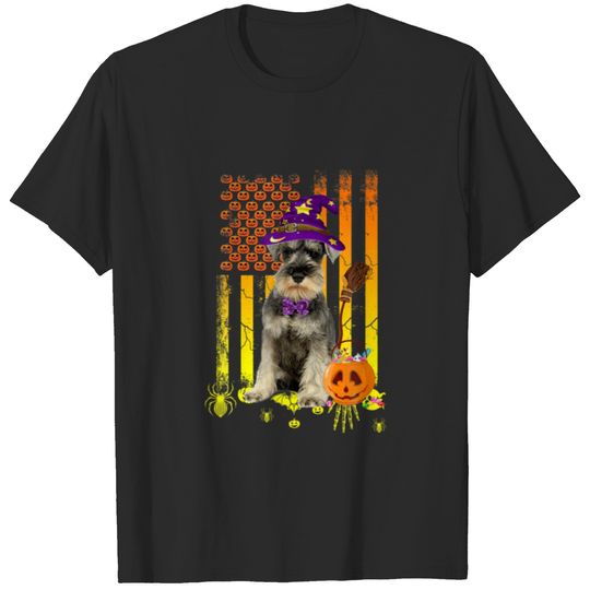 Schnauzer Dog Pumpkin American Flag Halloween Dog T-shirt