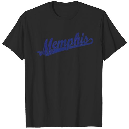 Memphis script logo in blue distressed T-shirt