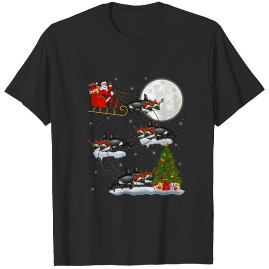 Funny Xmas Lighting Tree Santa Riding Orca Fish Ch T-shirt