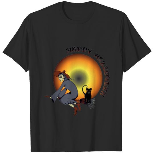 Happy Halloween Black Cat and Witch T-shirt