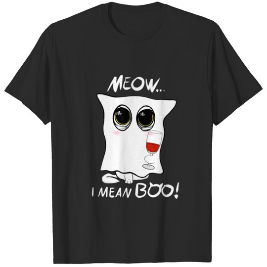 Ghost Cat Meow I Mean Boo Pumpkin Wine Halloween T-shirt