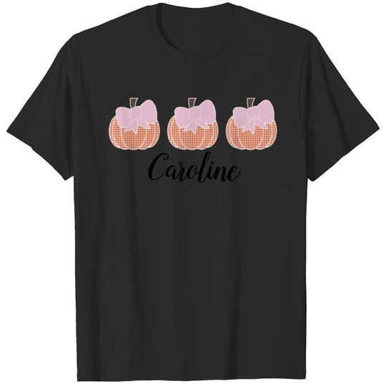 Girls Orange Gingham Pumpkin Trio With Pink Bows T-shirt