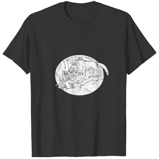 Fenrir Attacking Norse God Odin Drawing T-shirt