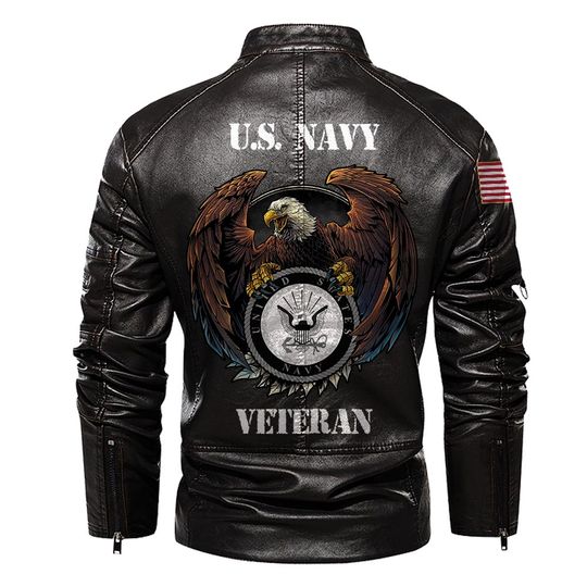 Personalized US Navy Veteran Leather Coat