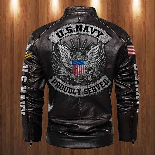 Customized US Navy Proudly Served Stand Collar Leather Jackets