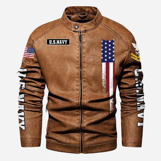 Customized US Navy Proudly Served Stand Collar Leather Jackets