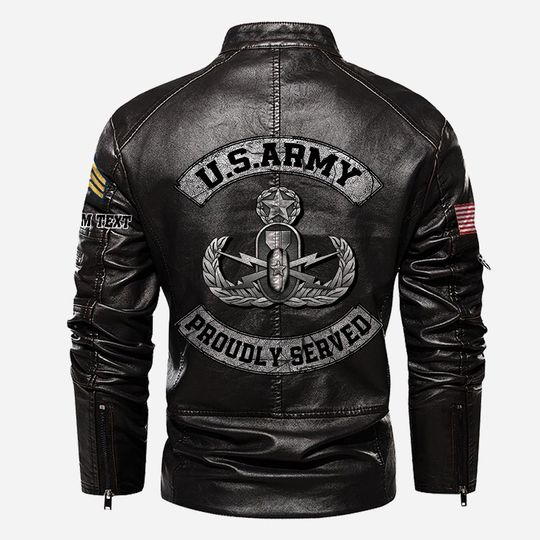 Customized US Army Skill Badges Proudly Served Stand Collar Leather Jackets