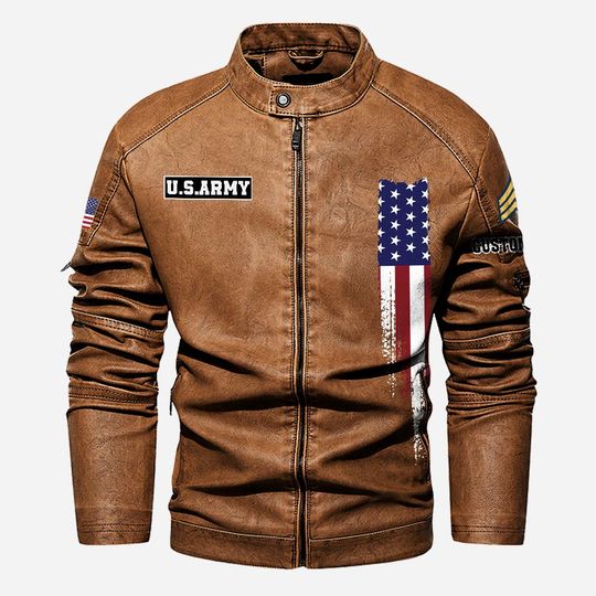 Customized US Army Skill Badges Proudly Served Stand Collar Leather Jackets