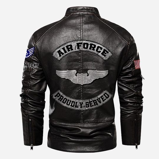 Customized USAF Skill Badges Proudly Served Stand Collar Leather Jackets