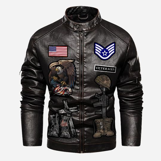 Customized USAF Skill Badges Proudly Served Stand Collar Leather Jackets
