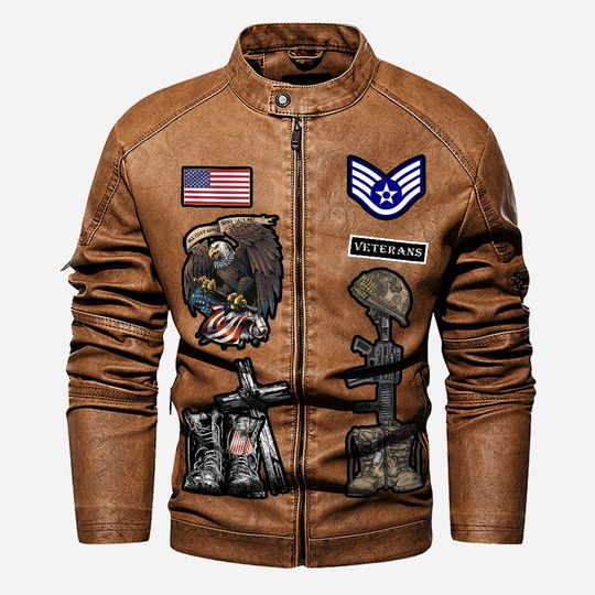 Customized USAF Skill Badges Proudly Served Stand Collar Leather Jackets