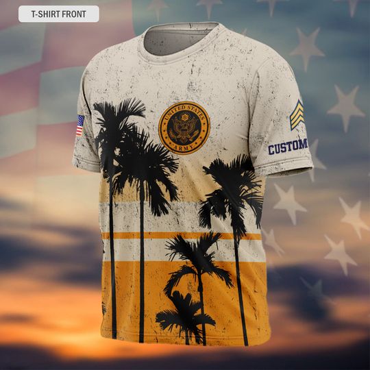 Customized U.S. Veteran 3D T-Shirt with Tropical Sunset Design