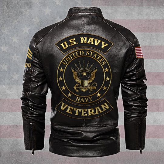 Customized Golden US Veteran Stand Collar Leather Jackets
