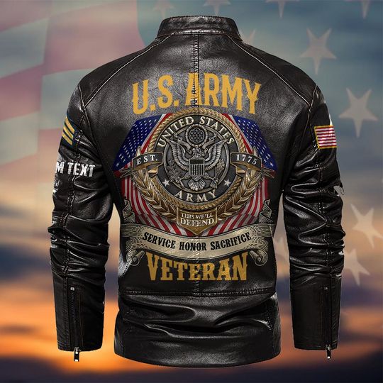 Customized U.S Veteran Proudly Served Stand Collar Leather Jackets
