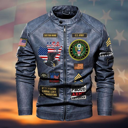 Customized U.S Veteran Proudly Served Stand Collar Leather Jackets