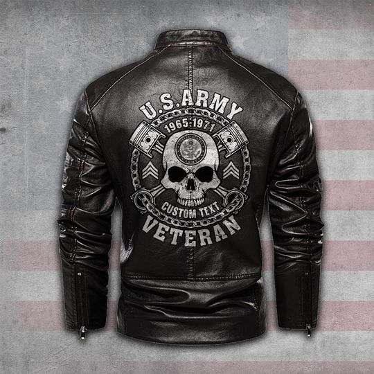 Customized US Veteran Skull Art Stand Collar Leather Jackets