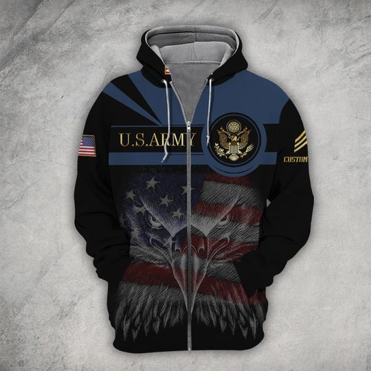 Customized US Military With US Flag Eagle 3D Zip Hoodie
